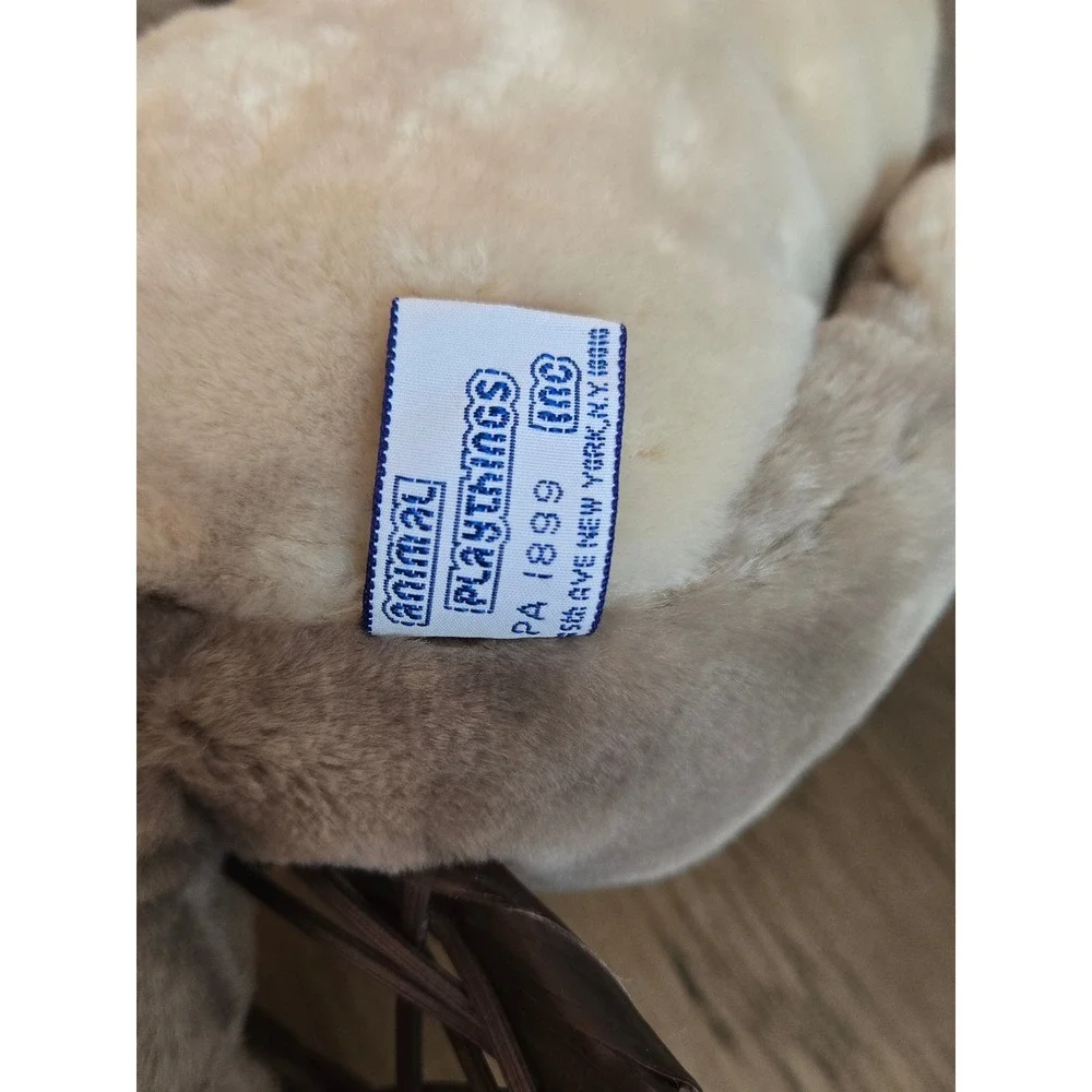 Vintage 1985 Animal Playthings Inc Plush Dog with Woven Basket Tan Puppy Korea